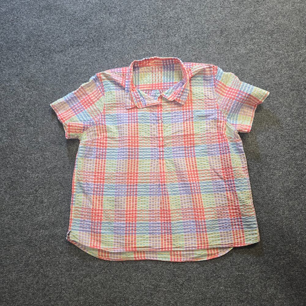 LL Bean Top Womens XL Orange Plaid Vacationland Seersucker Popover Short Sleeve